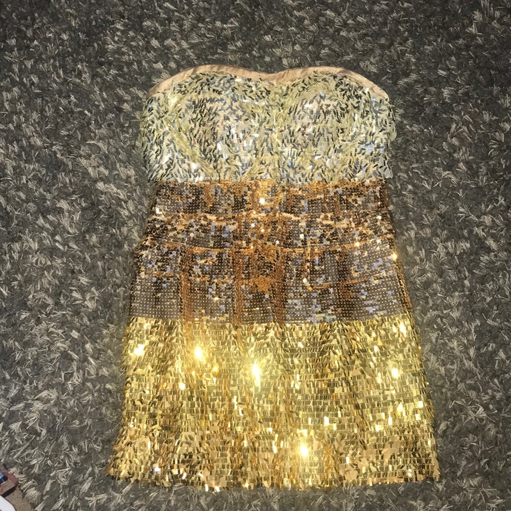 Bebe Sequin Gold Strapless Dress S